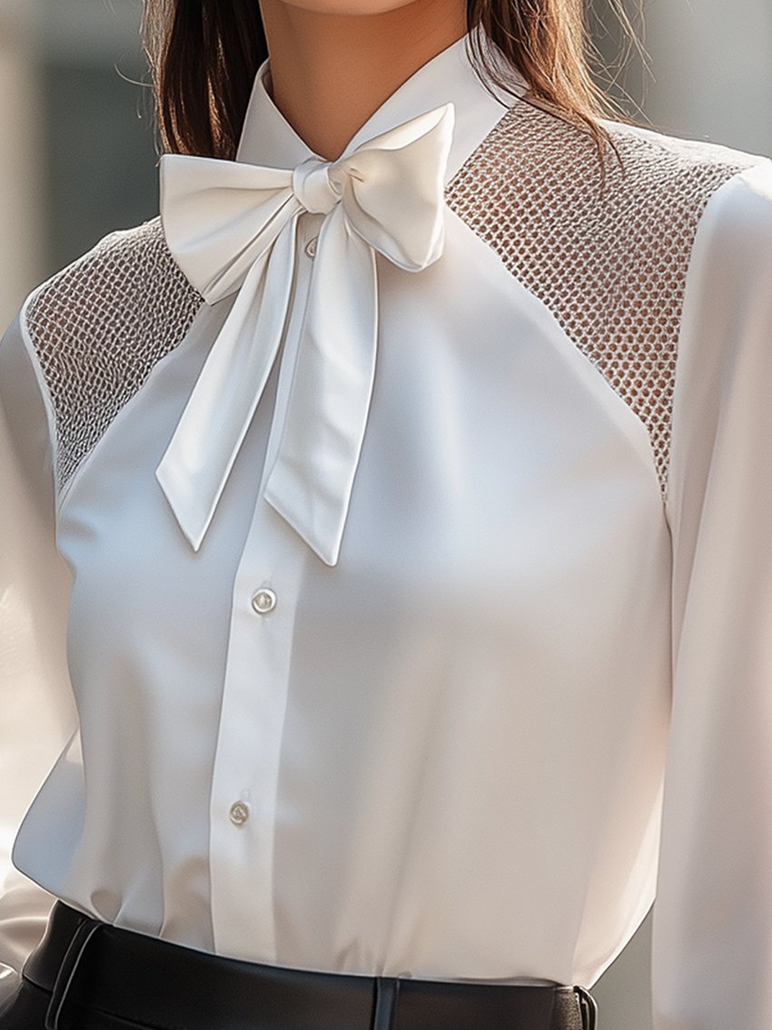 White Satin Blouse With Mesh Stitching And Bow Tie