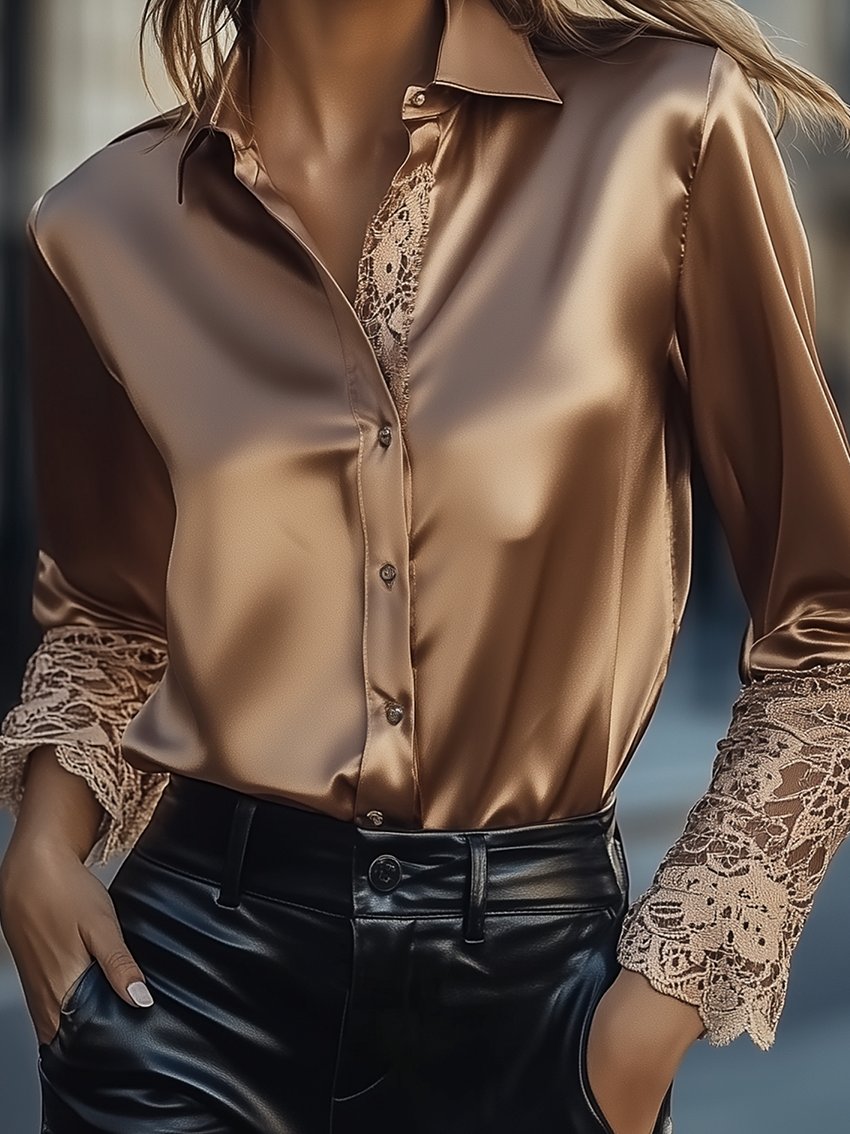 Brown Satin Blouse With Lace Sleeves