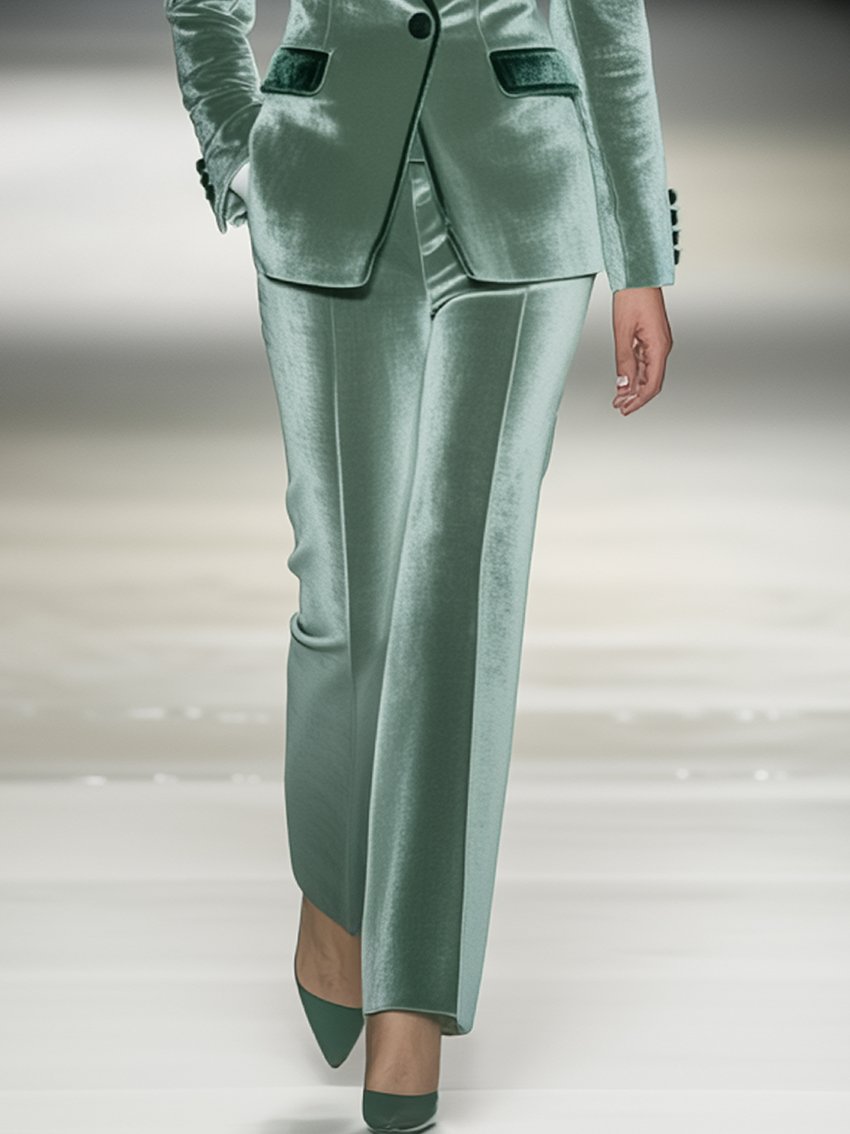 Mint Green Velvet Pants With Dark Green Collar