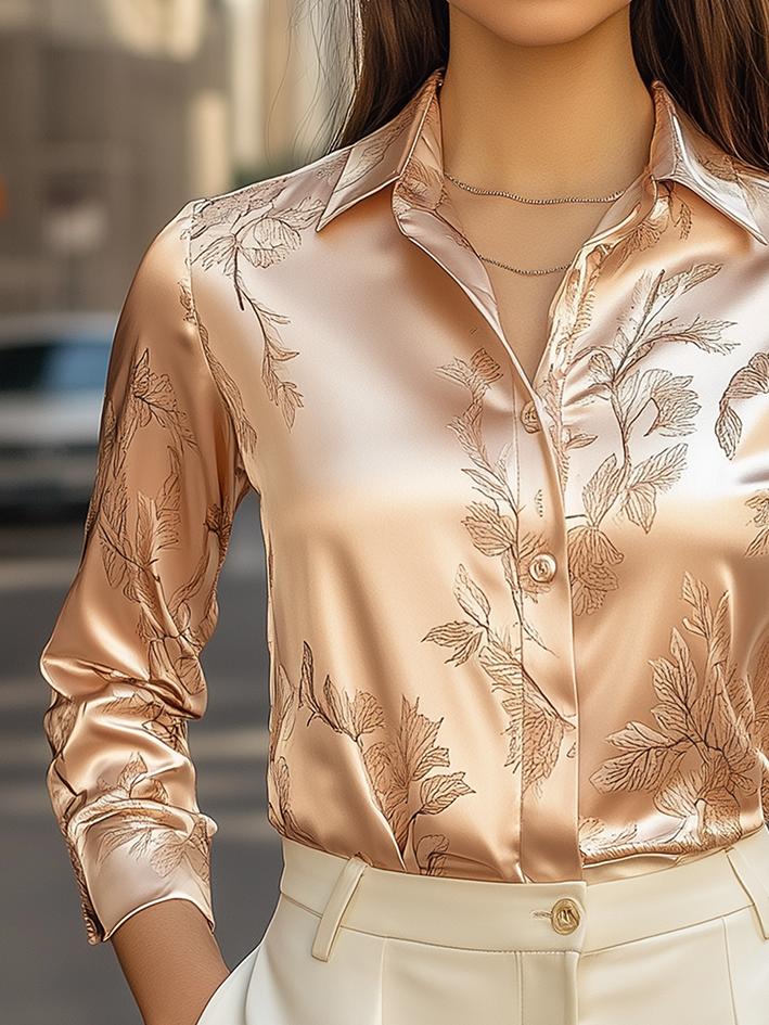 Champagne Dark Floral-Print Satin Shirt