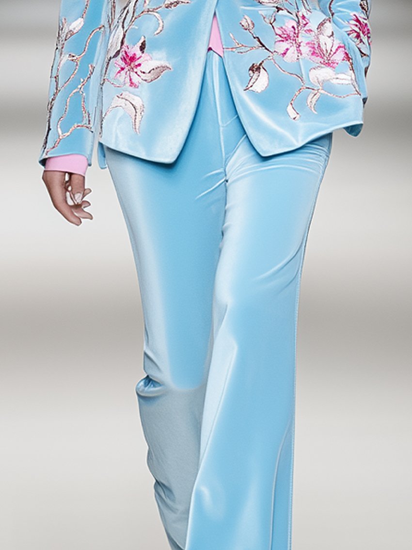 Pants In Sky Blue Velvet With Pink Flower Print