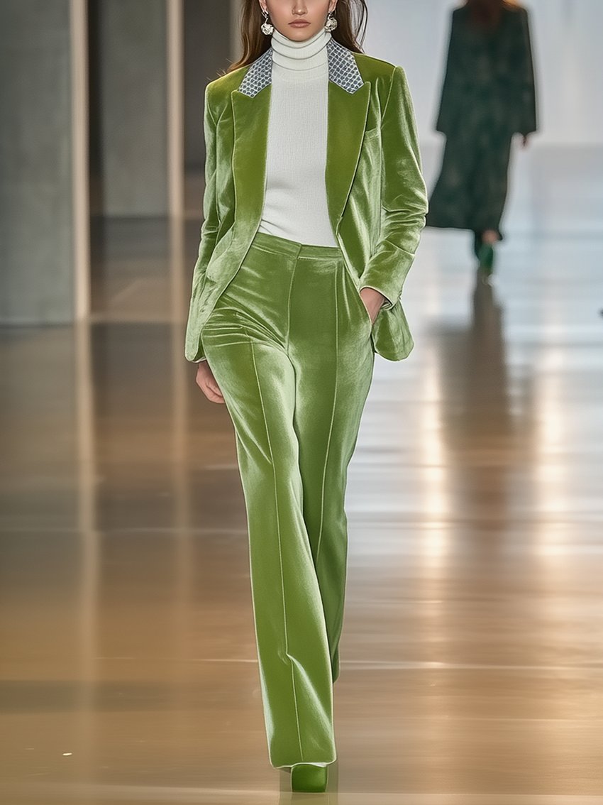 Apple Green Velvet Suit With Pieced Collar