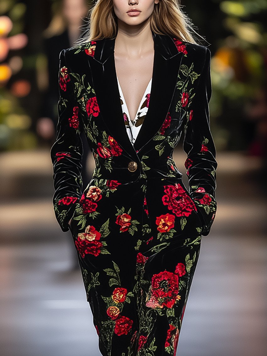 Black Velvet Jumpsuit With Red Floral Plants