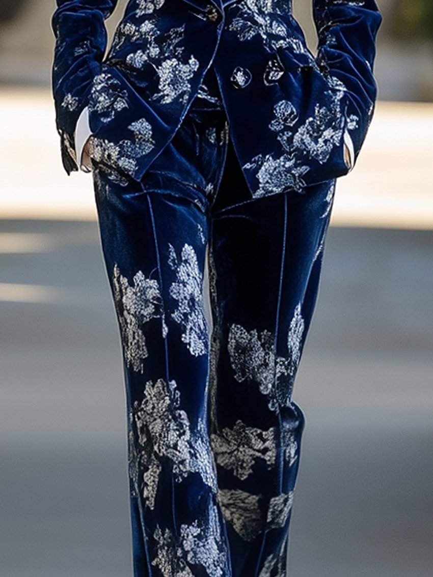 Dark Blue Velvet Pants With Floral Print