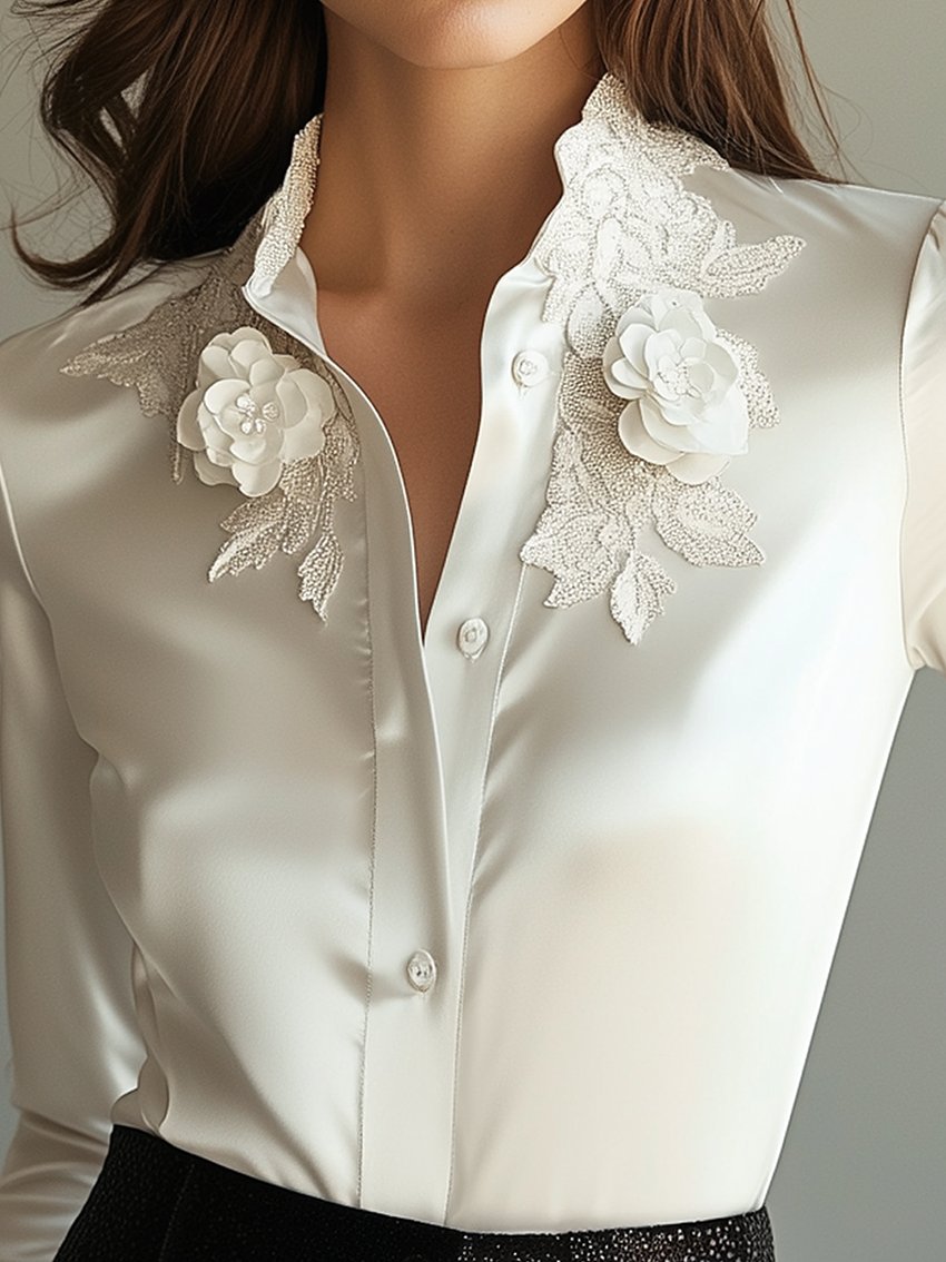 White Satin Shirt With Foliage Embroidery And 3D Flowers