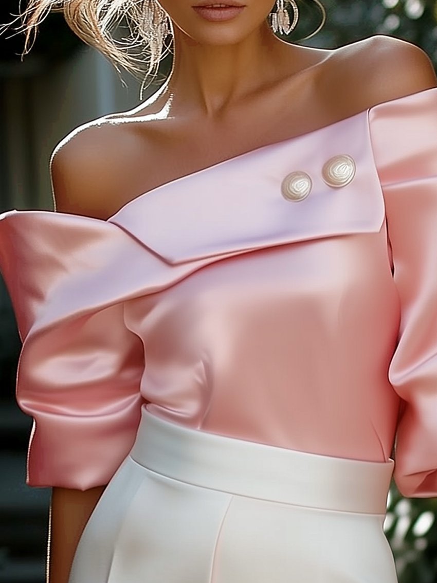 Pink Satin Off-The-Shoulder Shirt