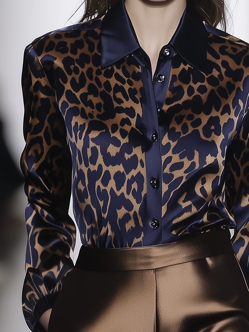 Dark Blue Satin Blouse With Leopard Print