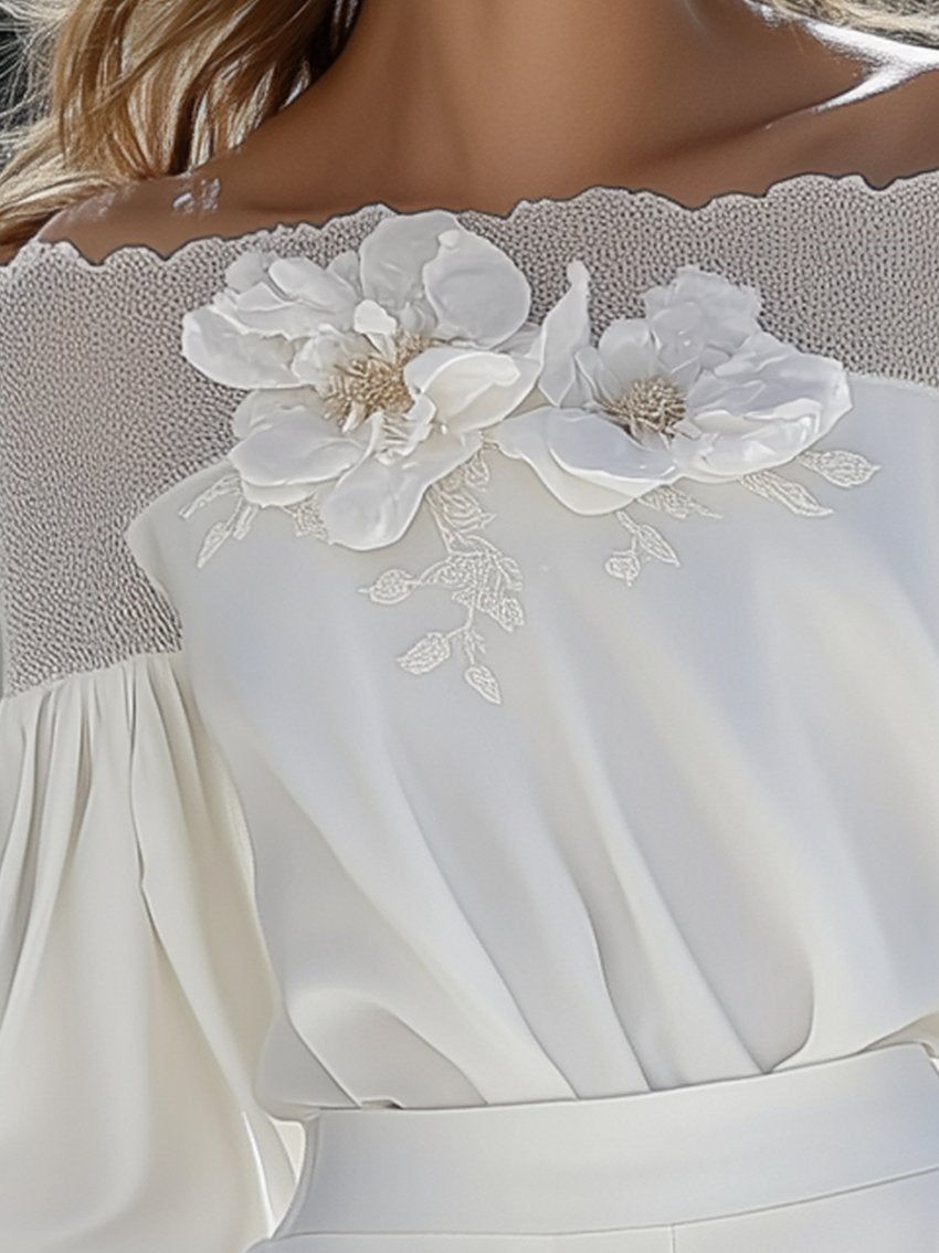 White Chiffon Shirt With Off-the-shoulder Mesh Neckline With 3D Flowers