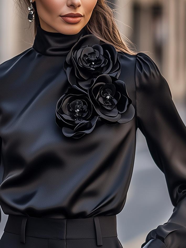 Black High Collar 3D Floral Embellished Satin Shirt