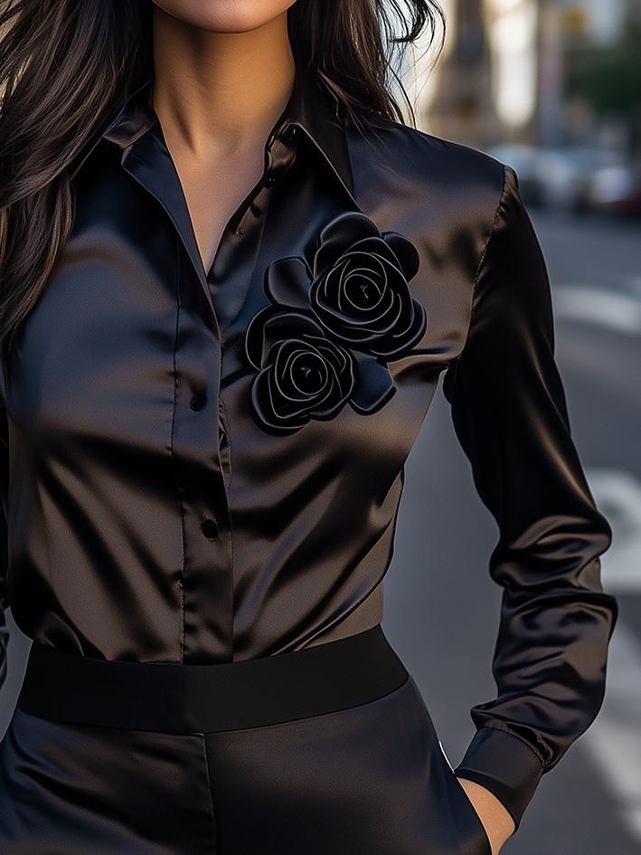 Black Classic 3D Floral Satin Blouse