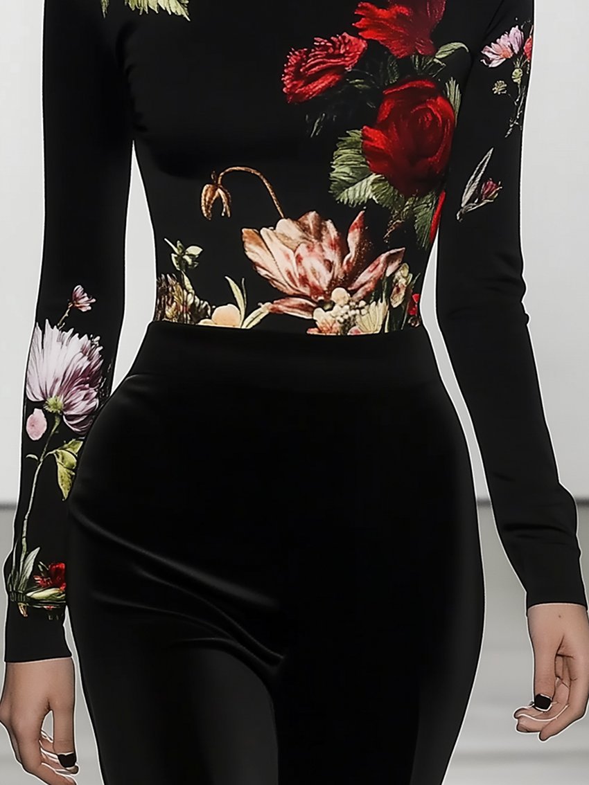 Floral Plant-Print Stretch T-shirt