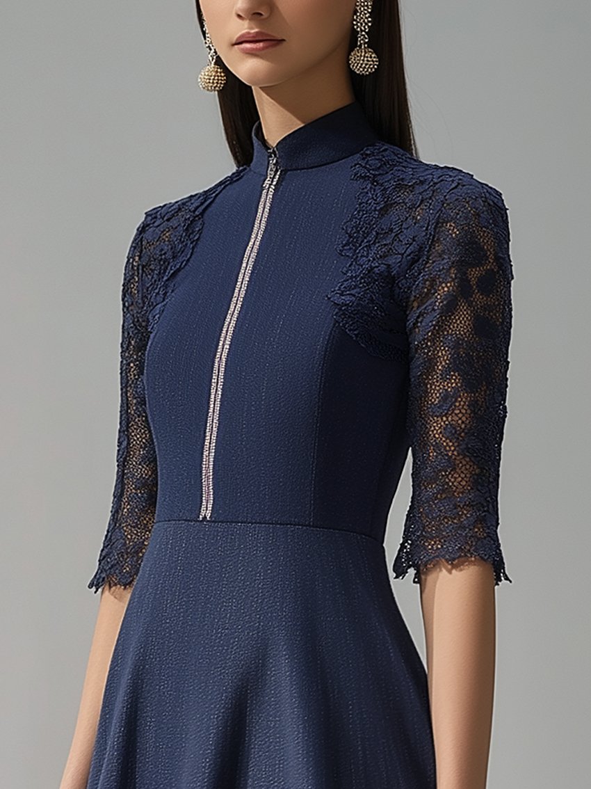 Demin Midi Dress With Lace Stitching