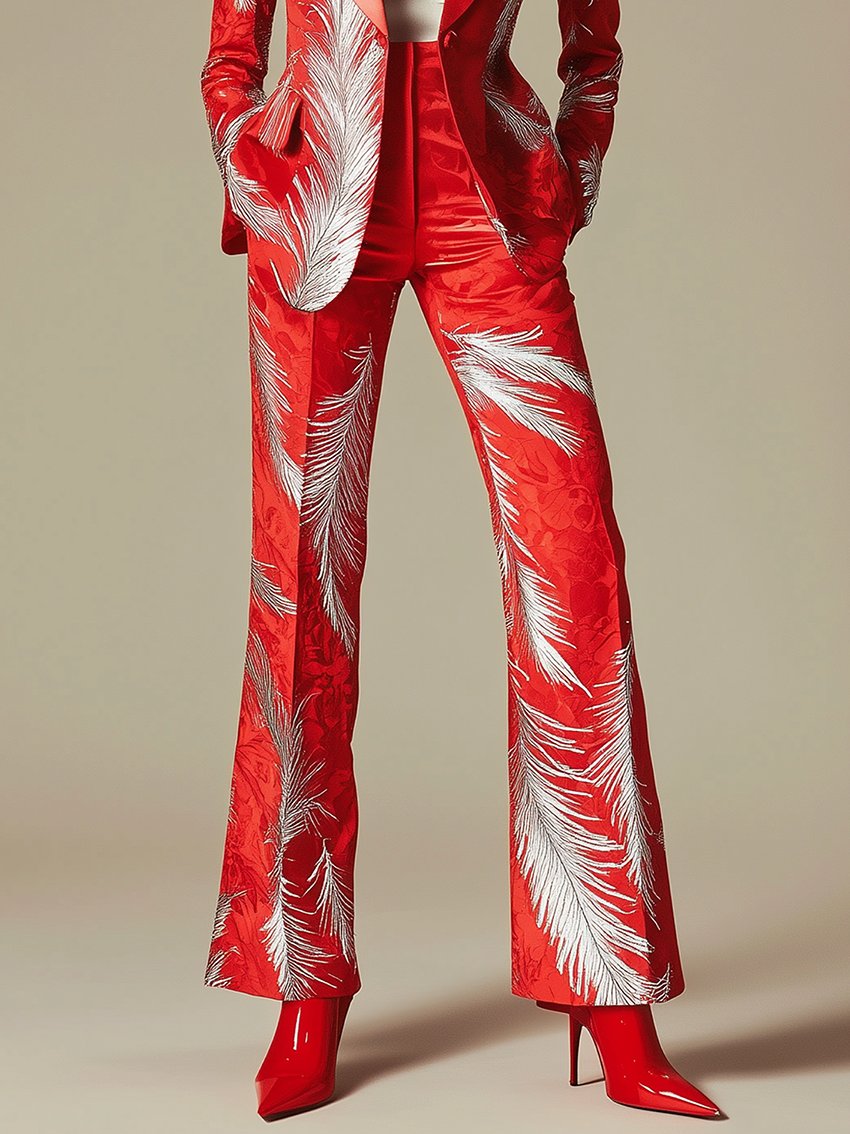 Red Satin Pants With Silver Feather Print