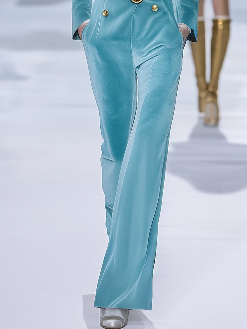 Sky Blue Velvet Jumpsuit With Belt And Gold Buttons