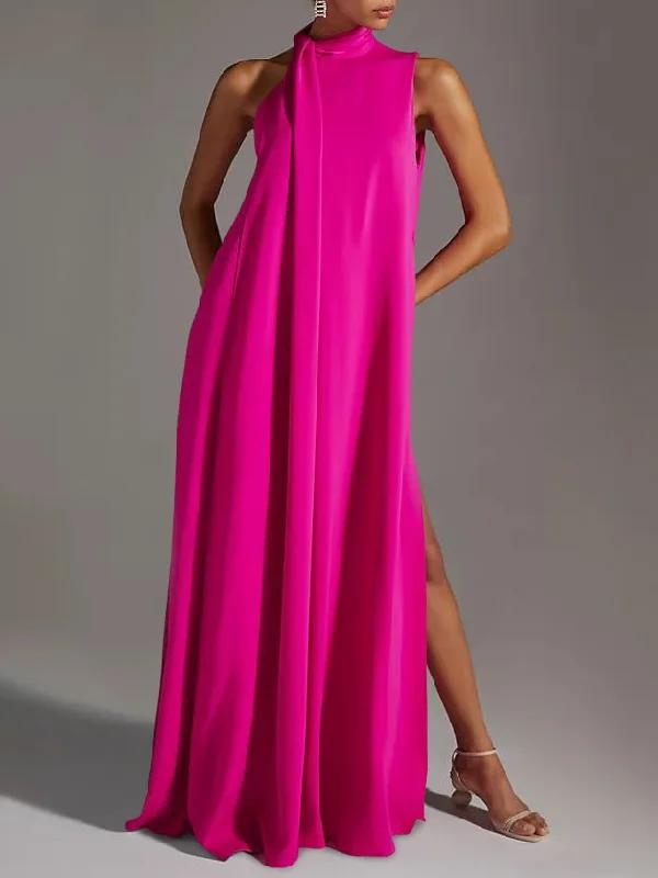 Sleeveless Split-Side Round-Neck Maxi Dresses