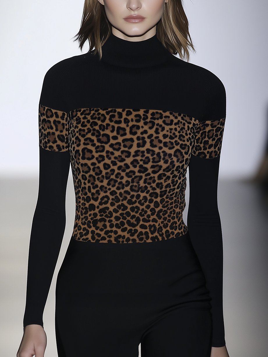 Black Hemi-neck Skinny T-shirt In Patterned Leopard Print