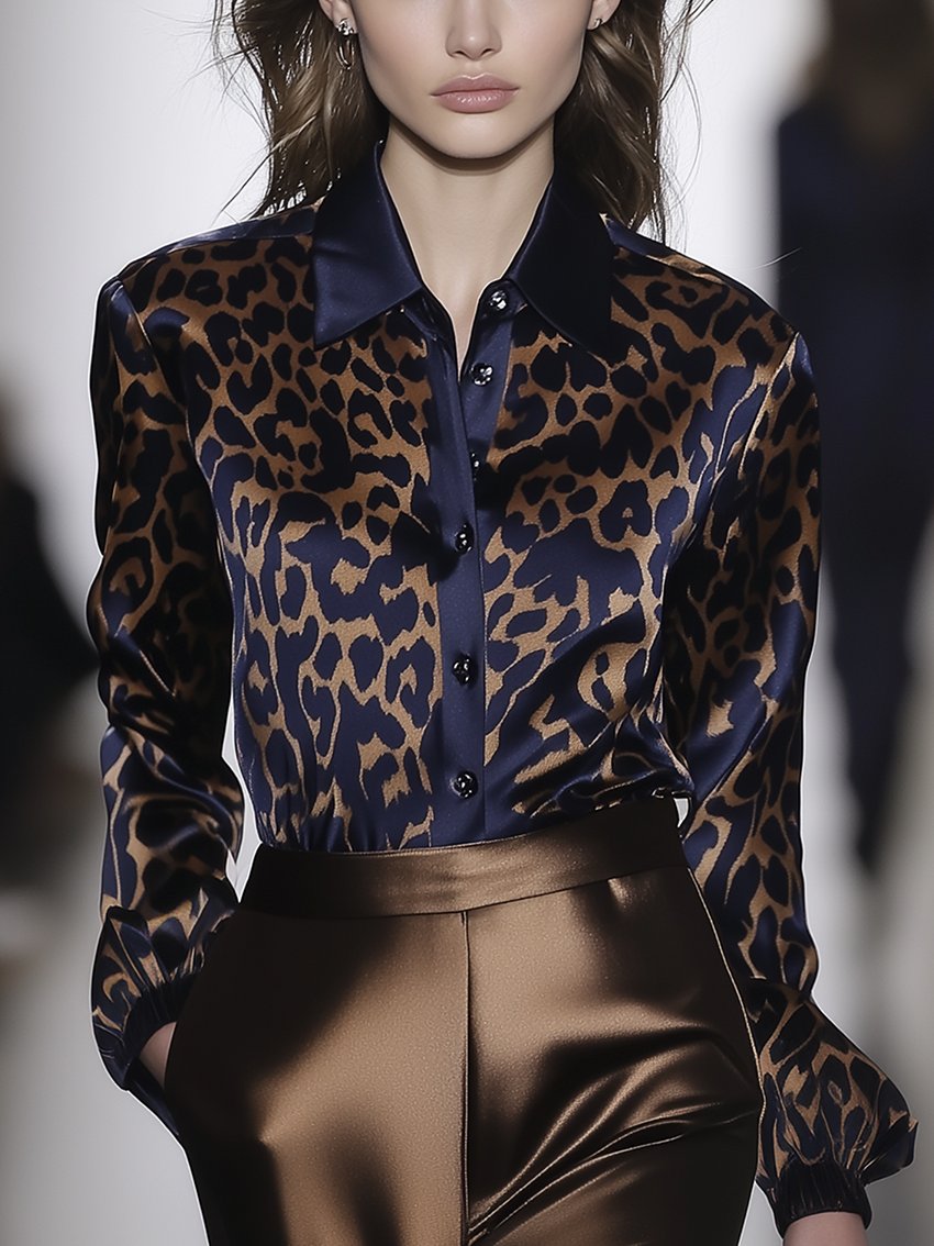 Dark Blue Satin Blouse With Leopard Print