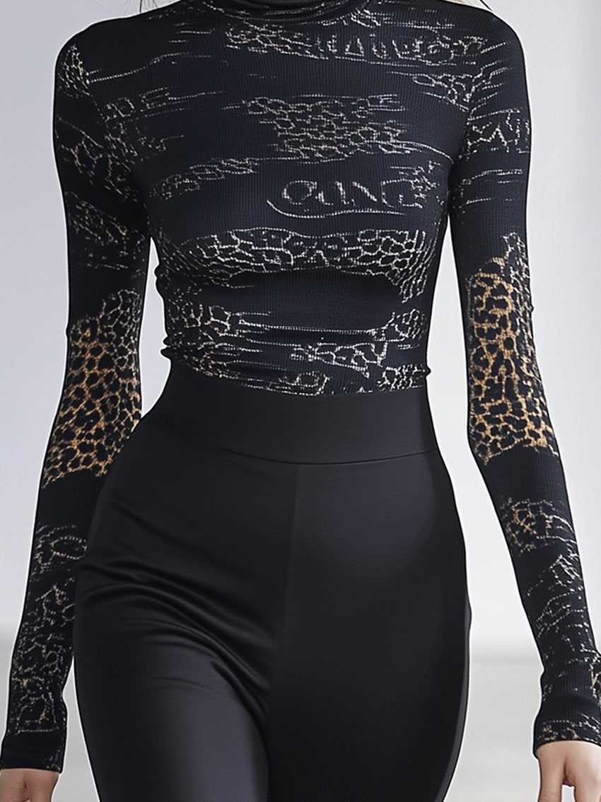 Stretch Skinny Tee With Dark Blue High Neck Abstract Lines And Leopard Print