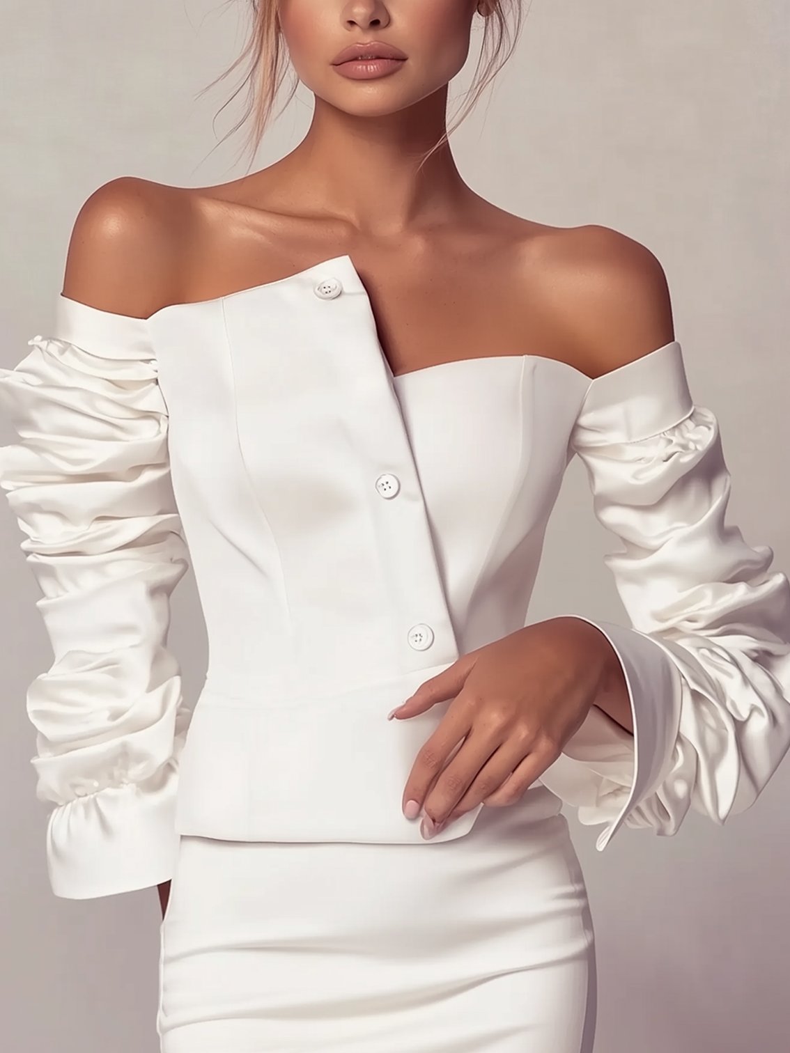 White Off-the-shoulder Blouse With Pleated Sleeves