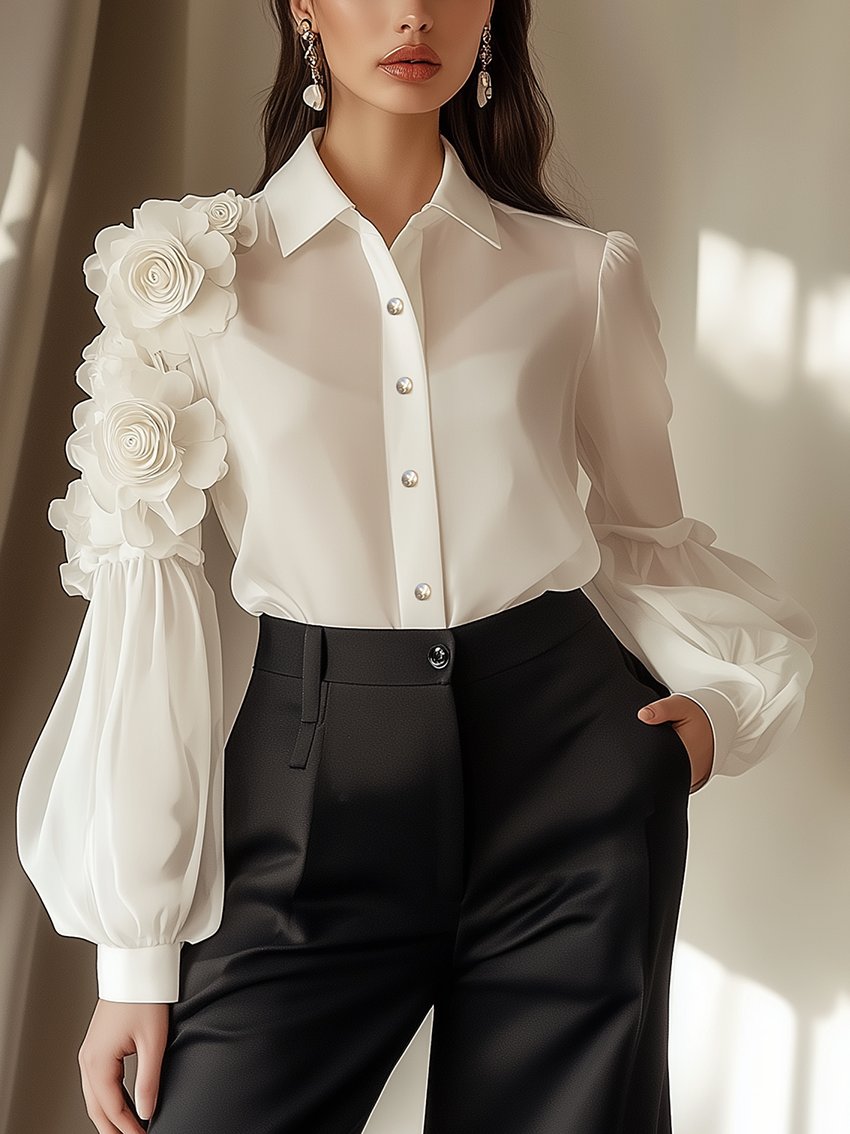 White Chiffon Blouse With 3D Flower Decoration On Sleeves