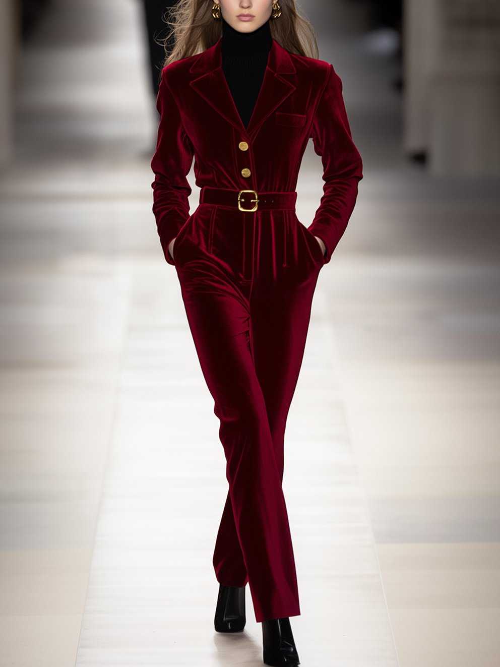 Red Velvet Jumpsuit With Gold Buttons And Belt