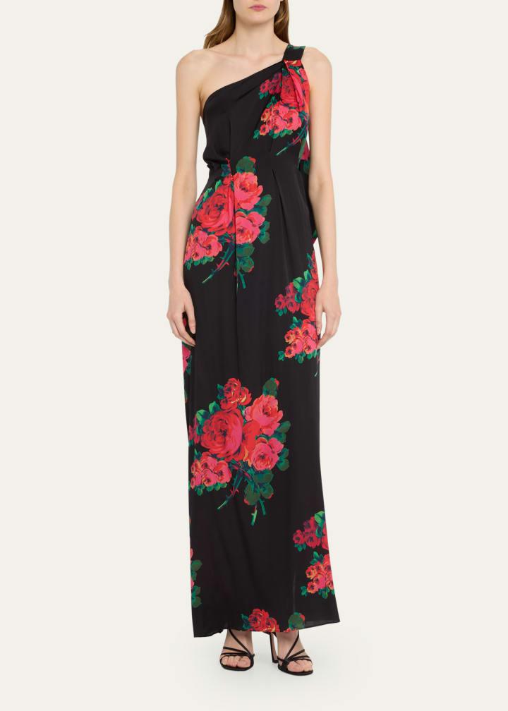 Rose-Print One Shoulder Gown