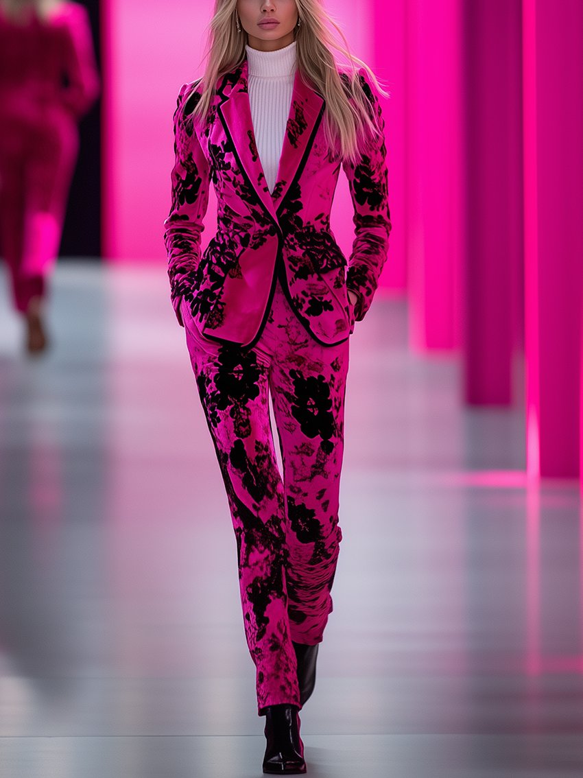 Barbie Pink Velvet Suit With Black Plant Print