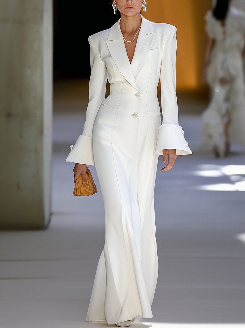 White Maxi Suit Dress With Stylish Cuffs