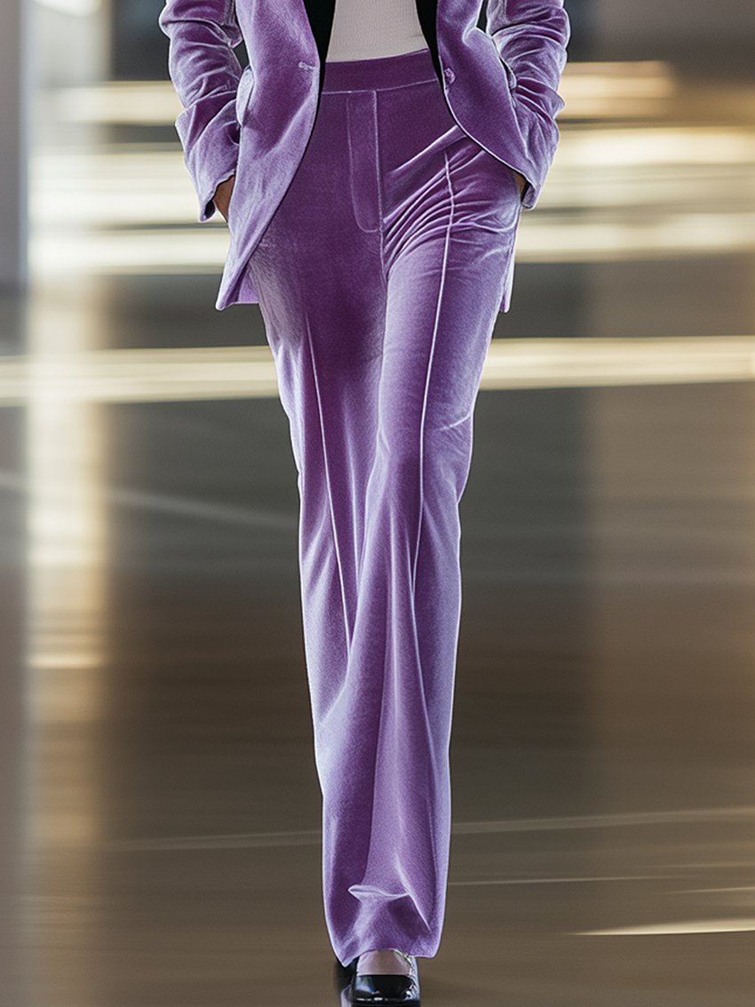 Cream Purple Velvet Pants With Dark Purple Collar