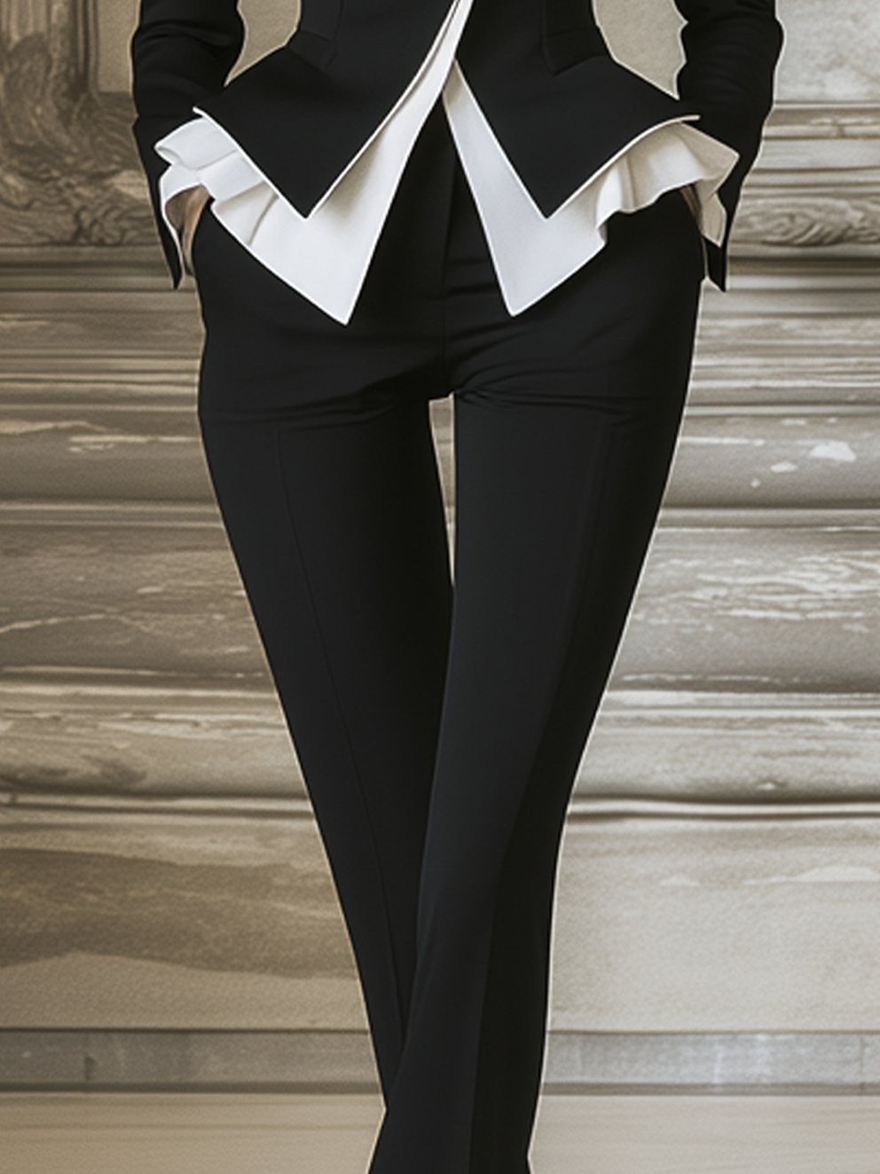 Unique Black Pants With White Collar