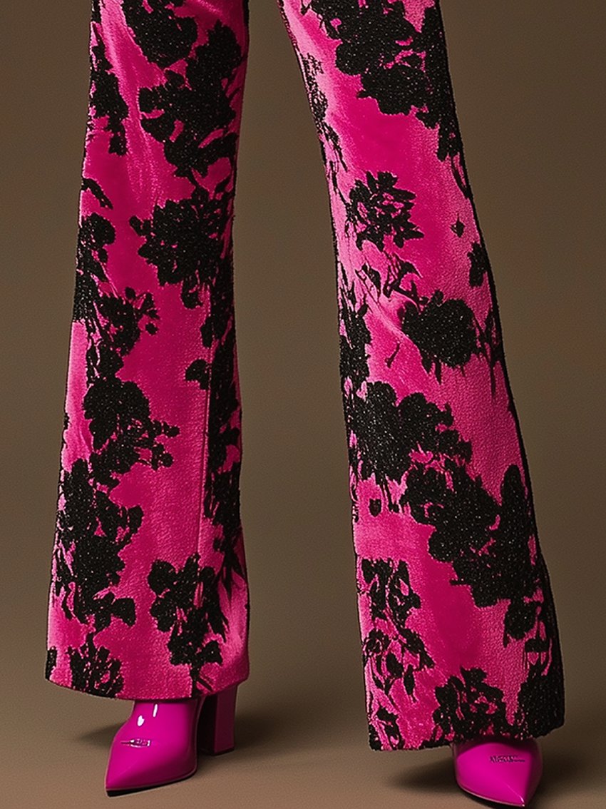 Barbie Pink Velvet Pants With Black Collar Black Flower Print