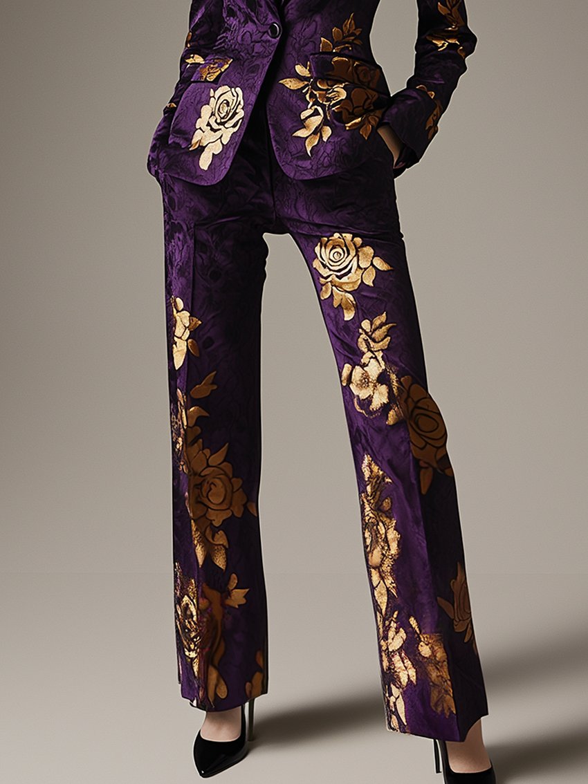 Purple Pants With Golden Rose Print