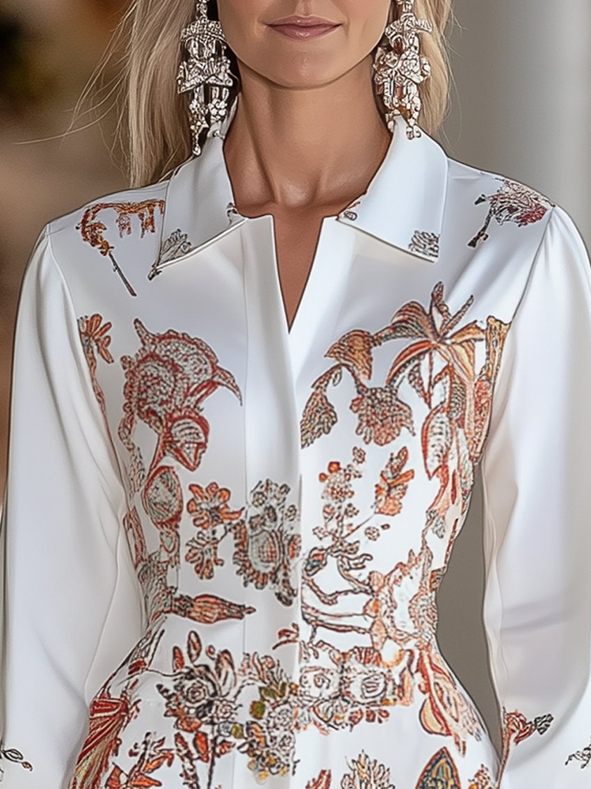 White With Fashion Print Mini Shirt Dress