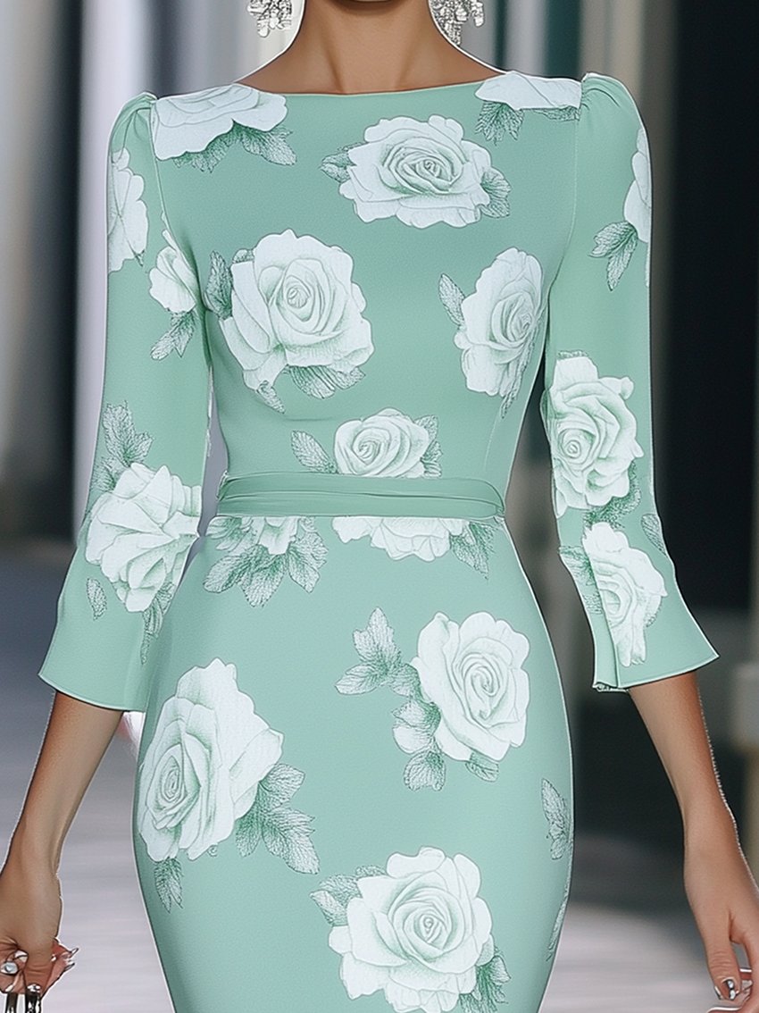 Mint Green Midi Dress With White Rose Print