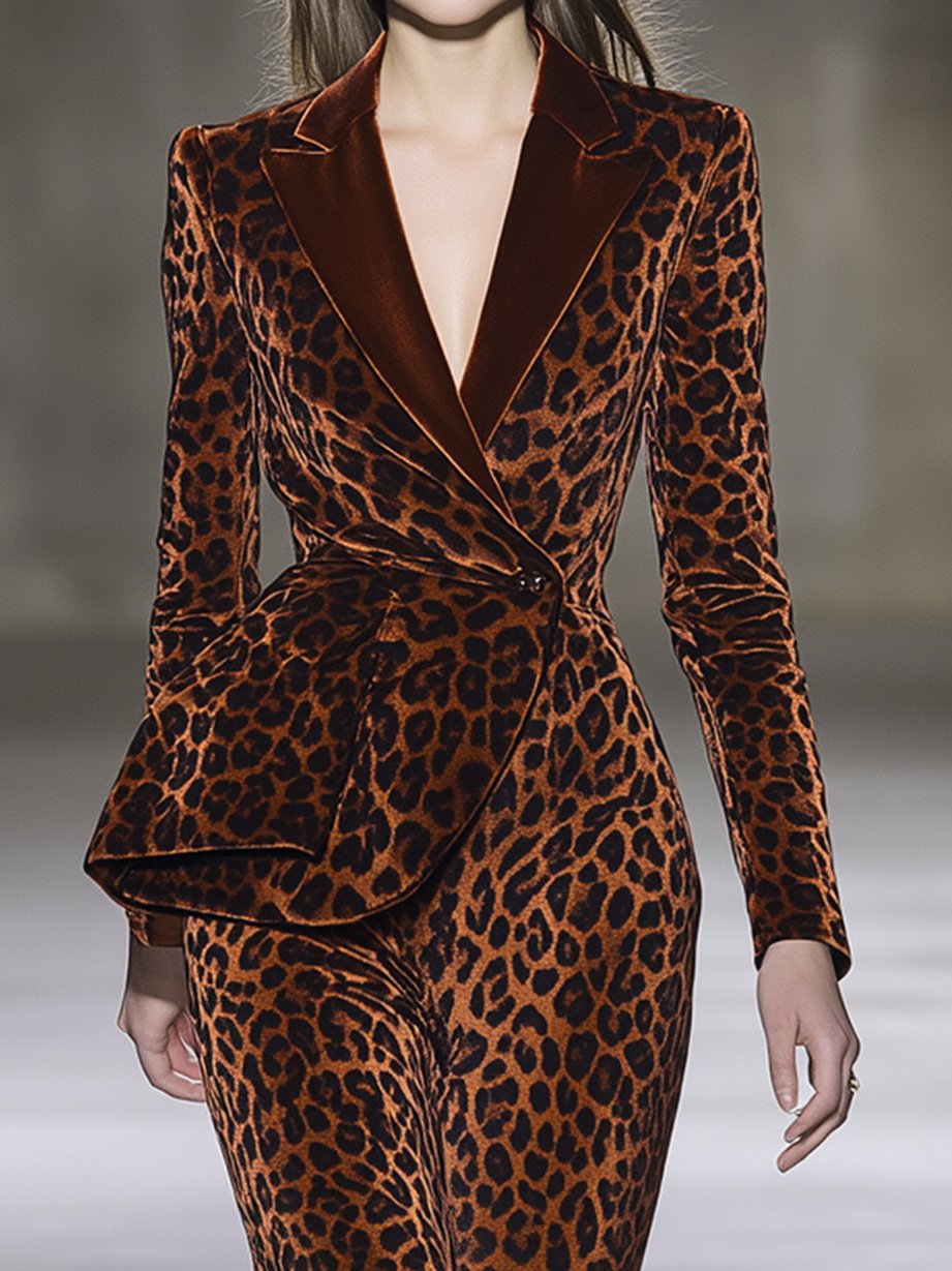 Red-brown Leopard Velvet Skinny Dress