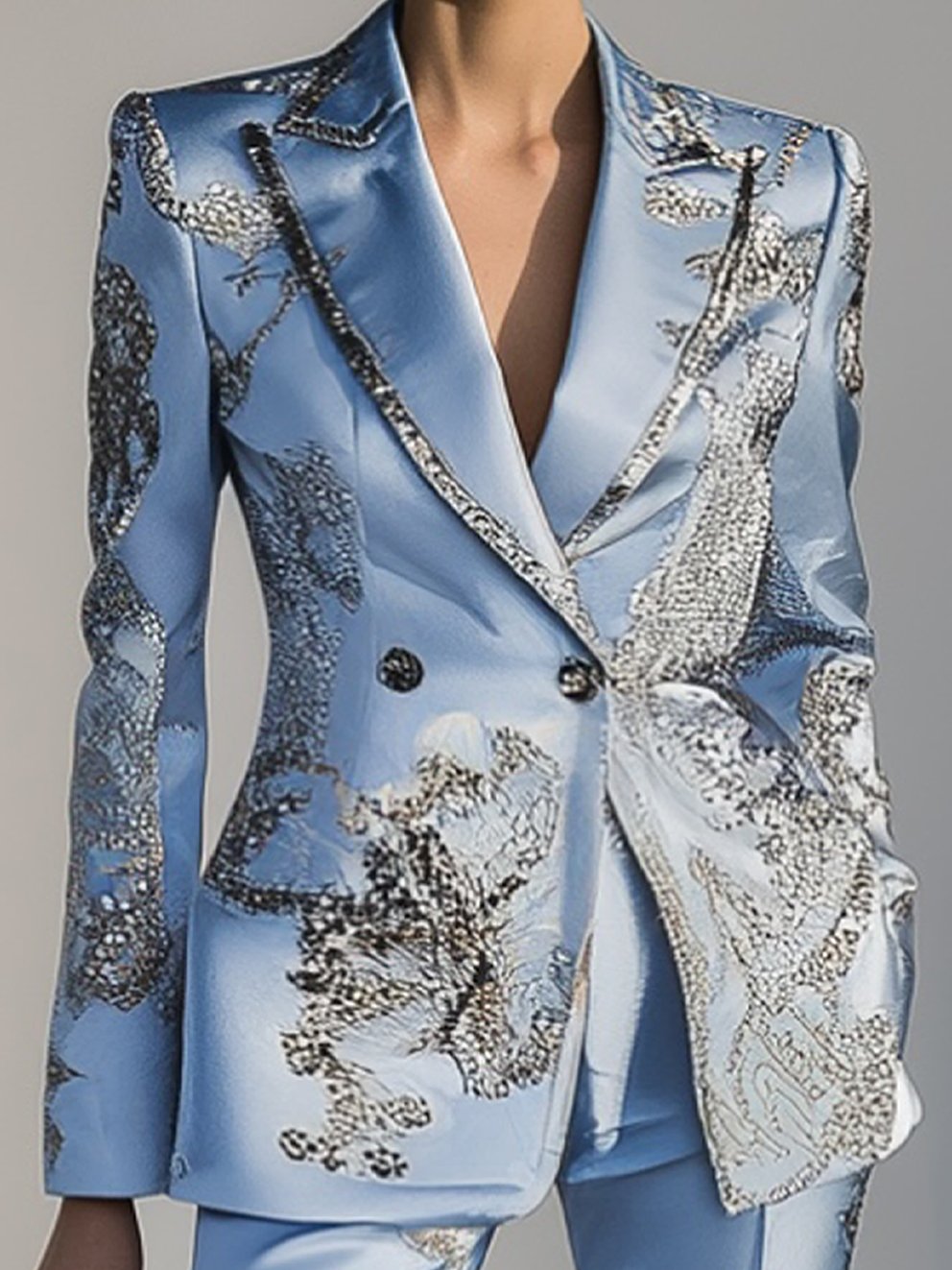 Sky Blue Blazer With Silver Flower Print And Silver Trim