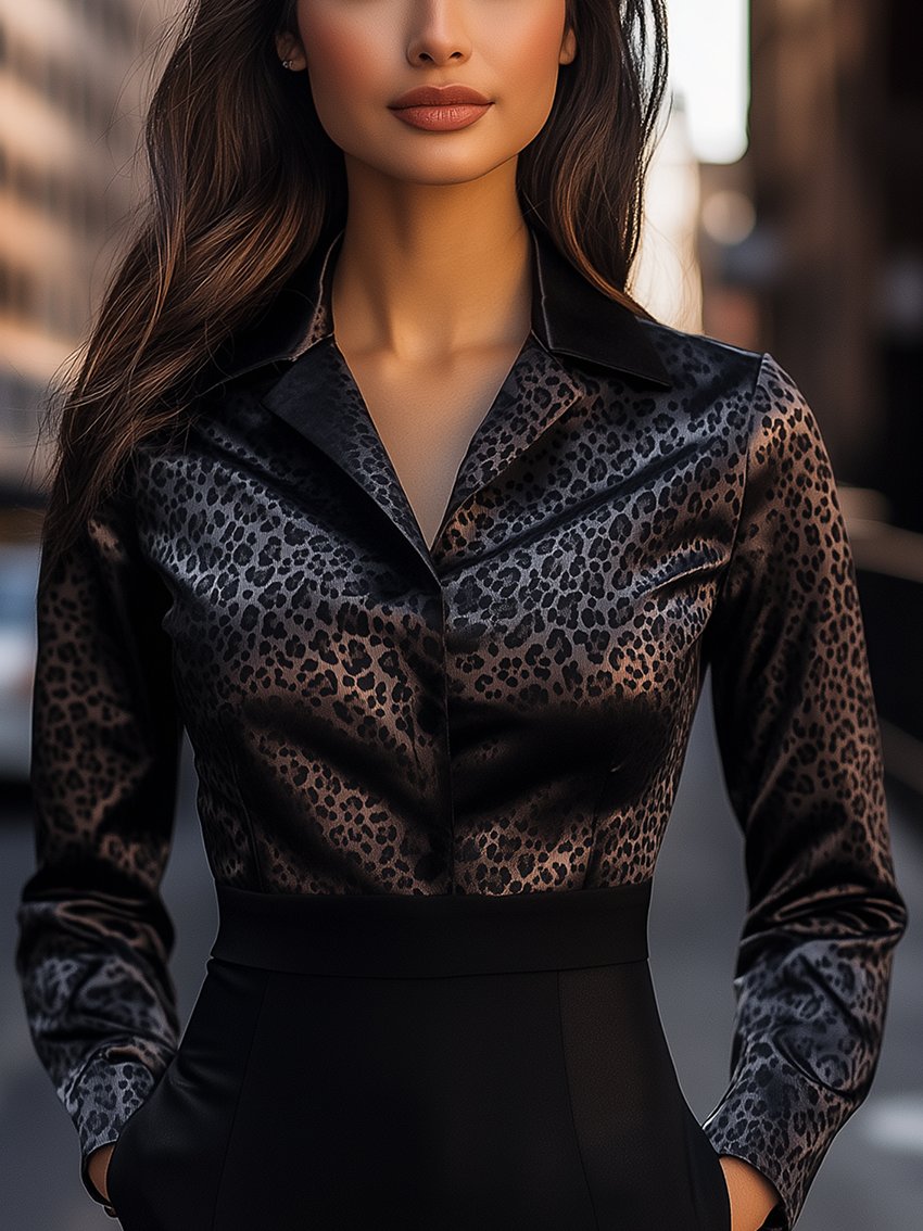 Black Charcoal Grey Leopard Print Satin Blouse