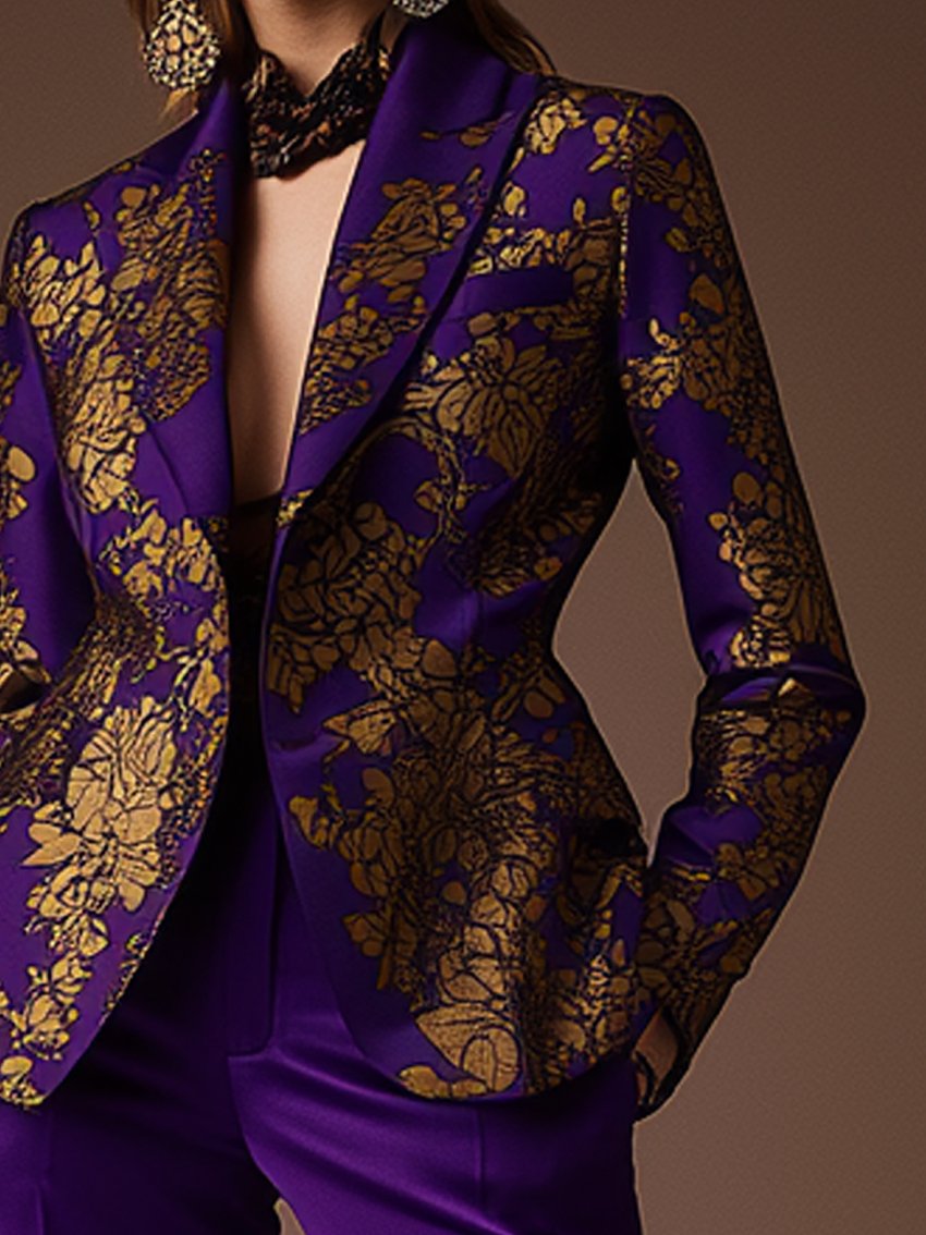 Purple Blazer With Gold Luxury Print