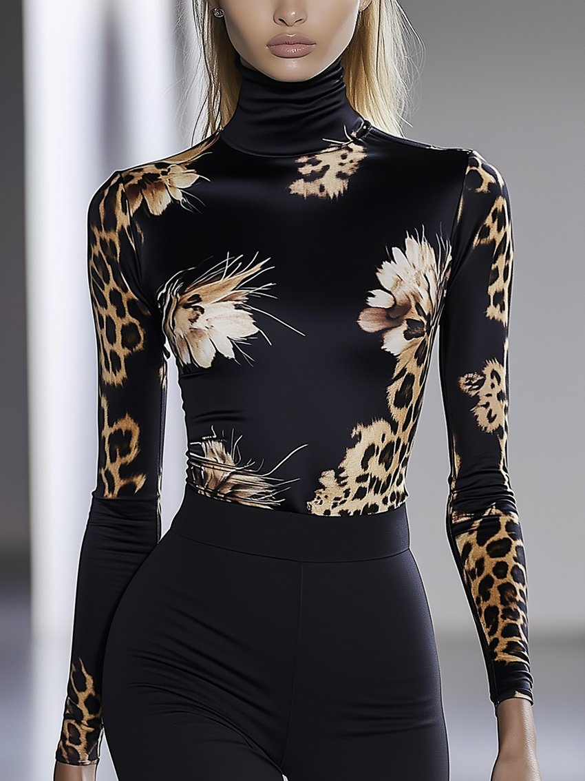 Black Stretch-fit T-shirt In Floral And Leopard Print