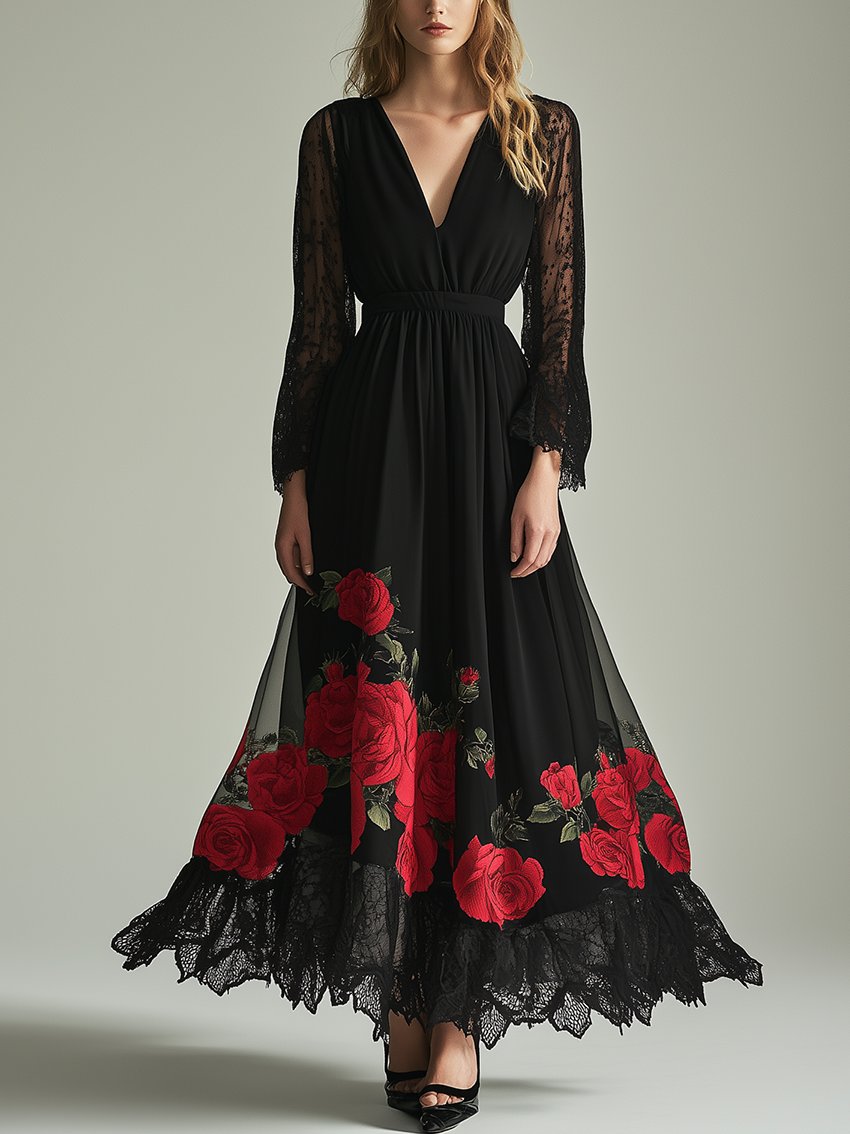 Black Dress With Lace Sleeves And Red Rose Print