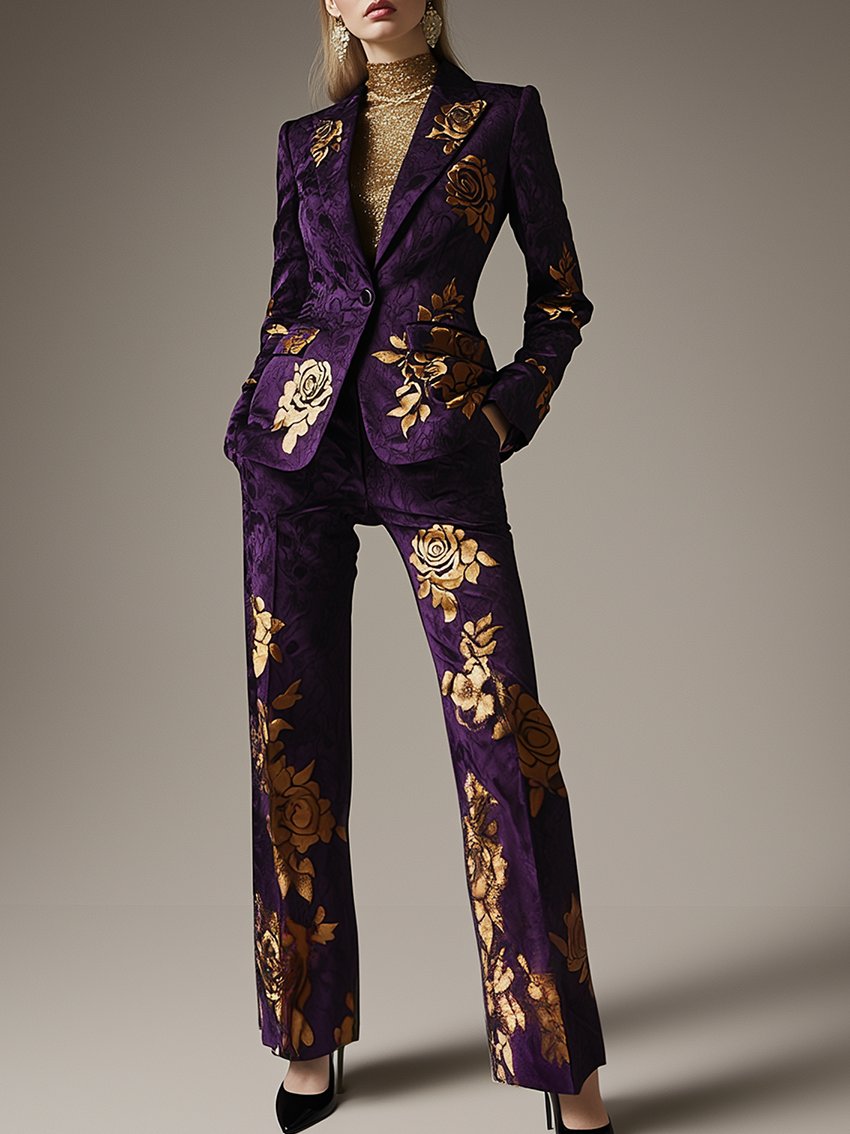 Purple Suit With Golden Rose Print