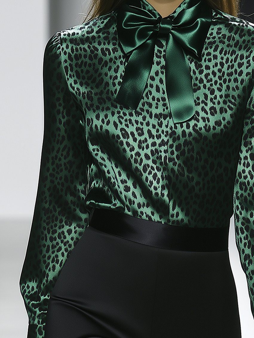 Green Leopard-print Satin Shirt With Bow Tie