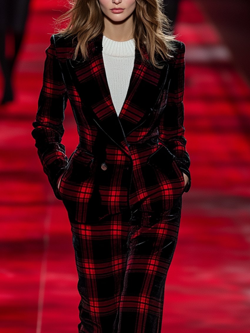 Black Velvet Jumpsuit With Red Check