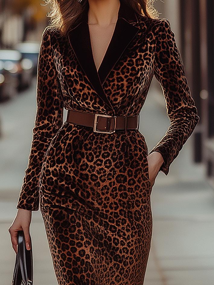 Belted Leopard-Print Velvet Skinny Dress