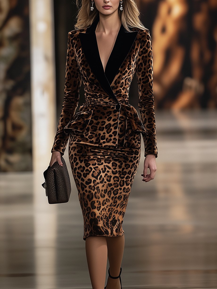 Black Lapel Leopard Waist Ruffled Velvet Skinny Dress