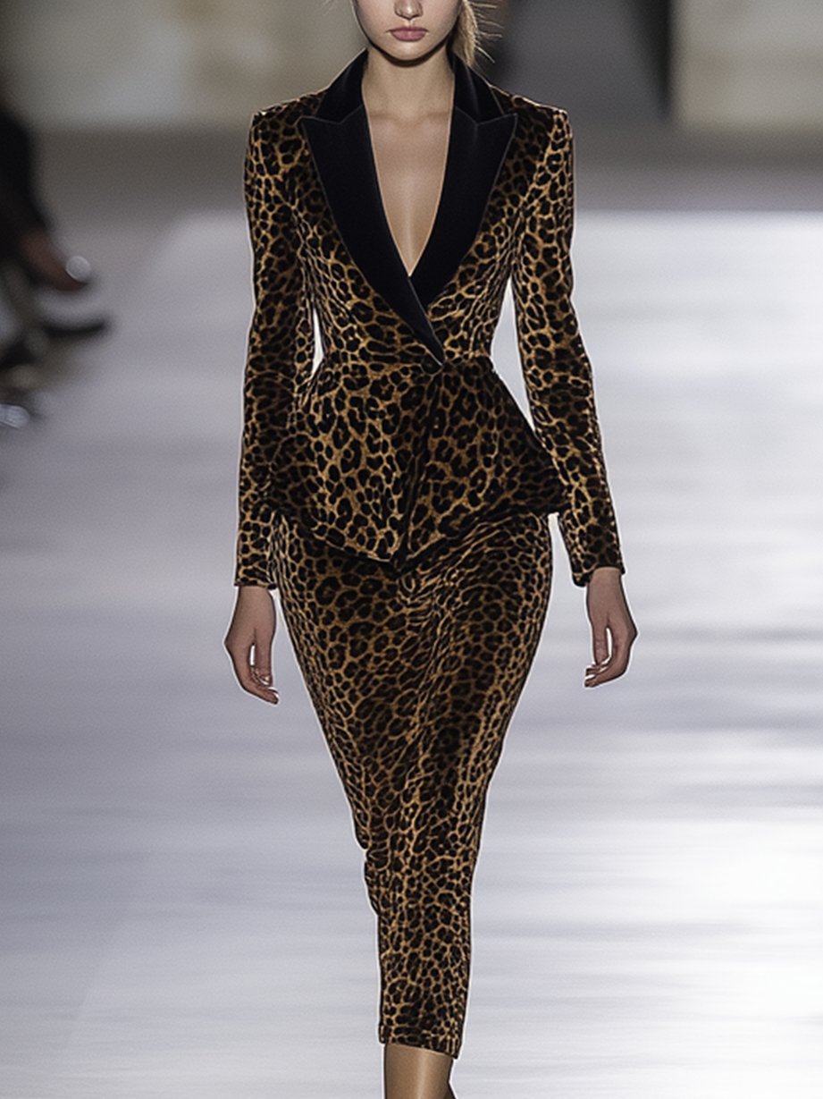 Dark Gold Leopard Print Velvet Suit Neck Skinny Dress