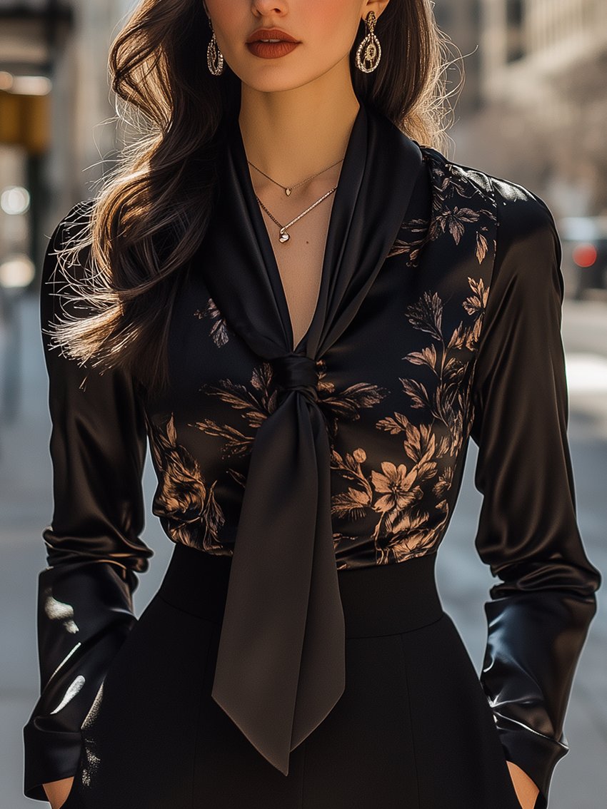 Black Floral Print Bow-tie Satin Blouse