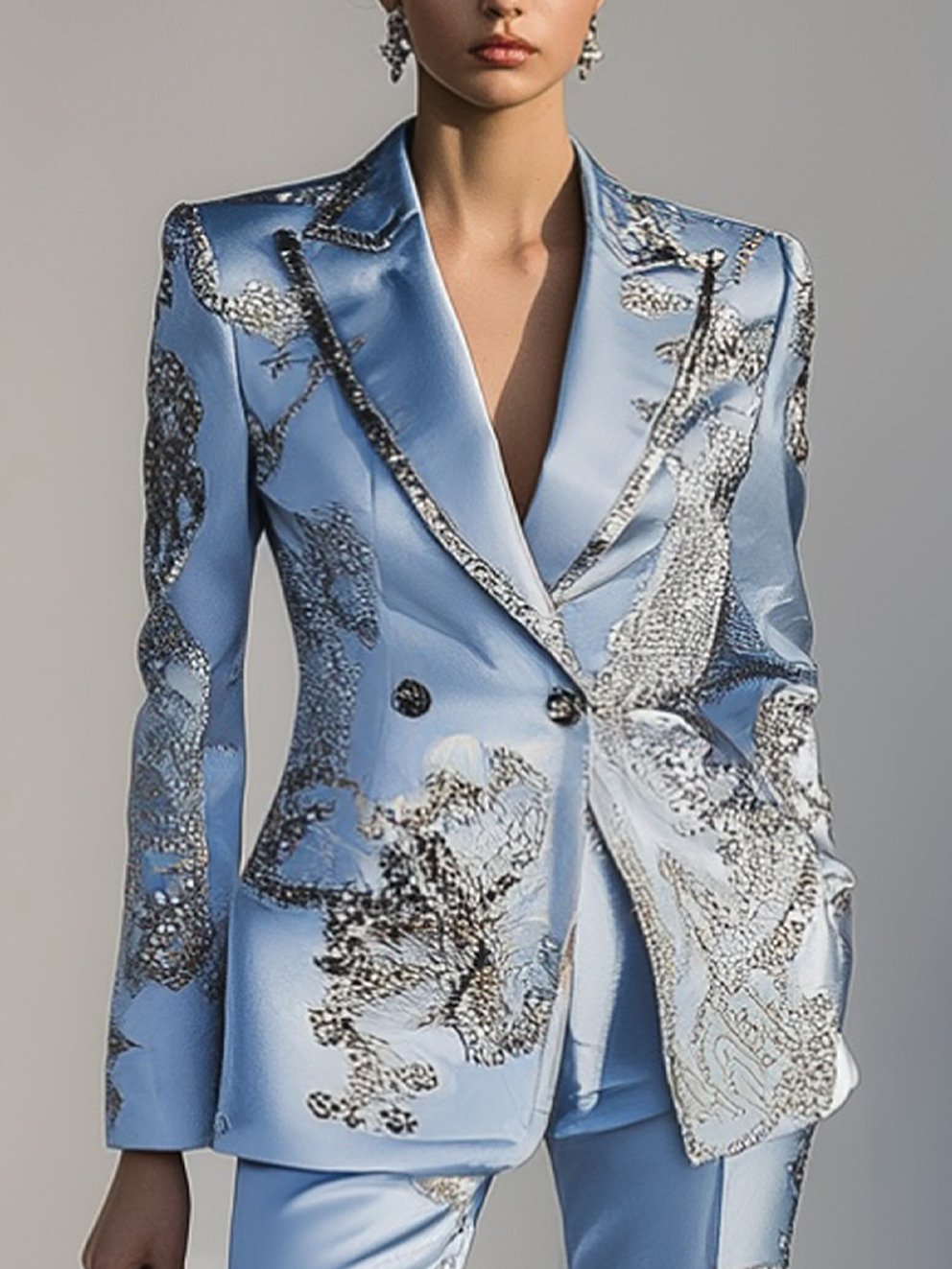 Sky Blue Blazer With Silver Flower Print And Silver Trim