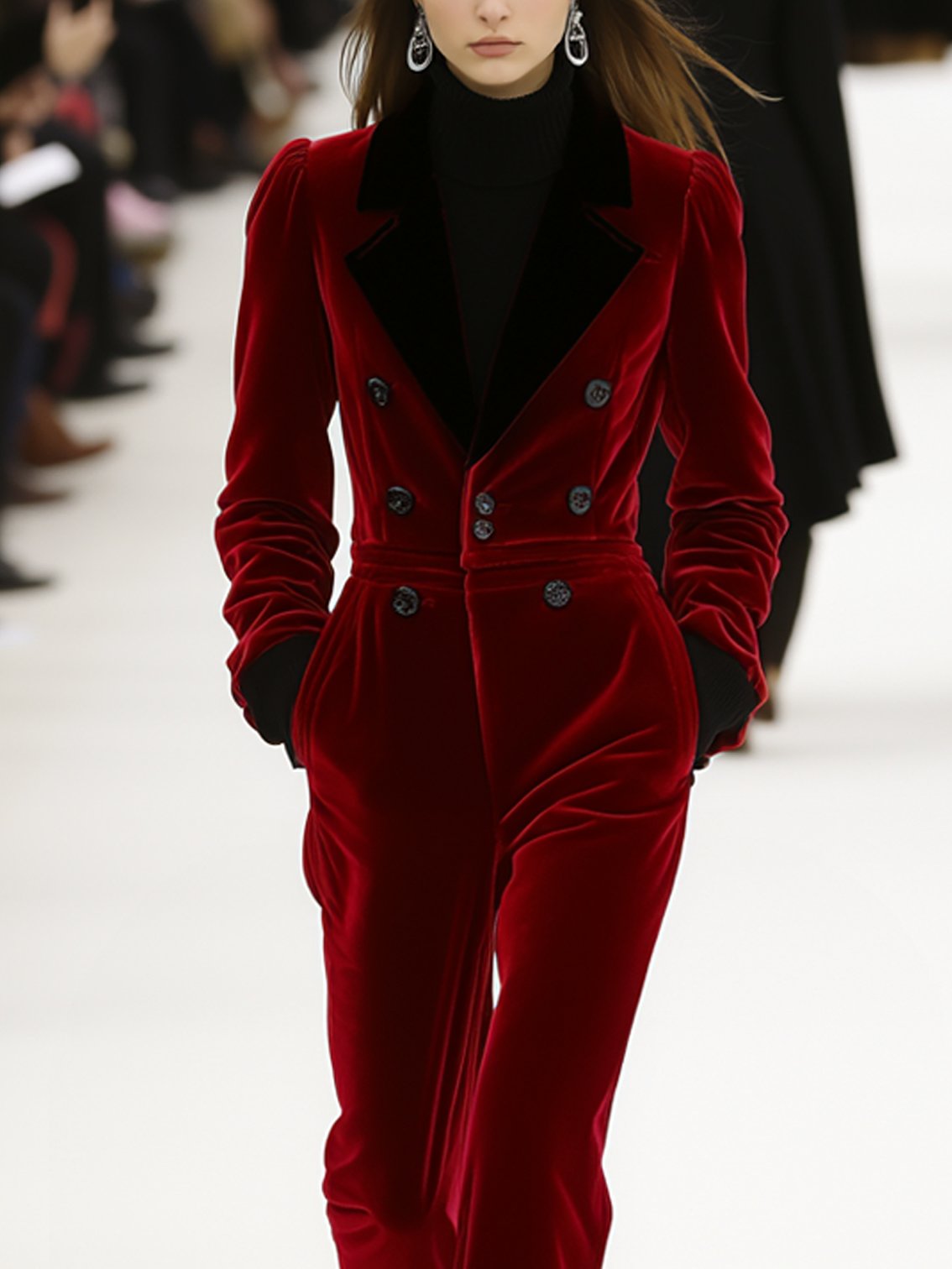 Red Velvet Jumpsuit With Black Collar And Buttons