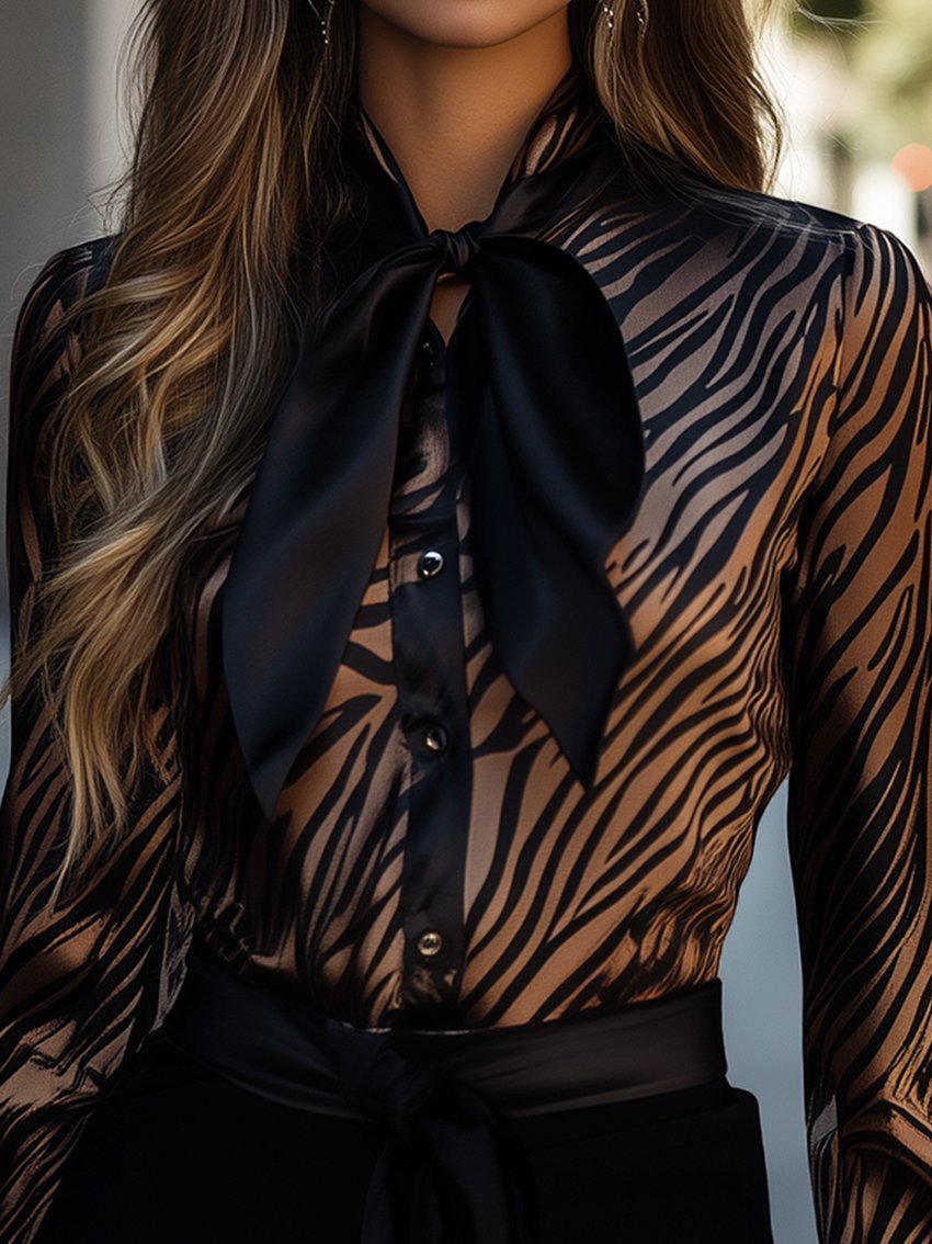 Champagne Zebra Print Ribbon Blouse